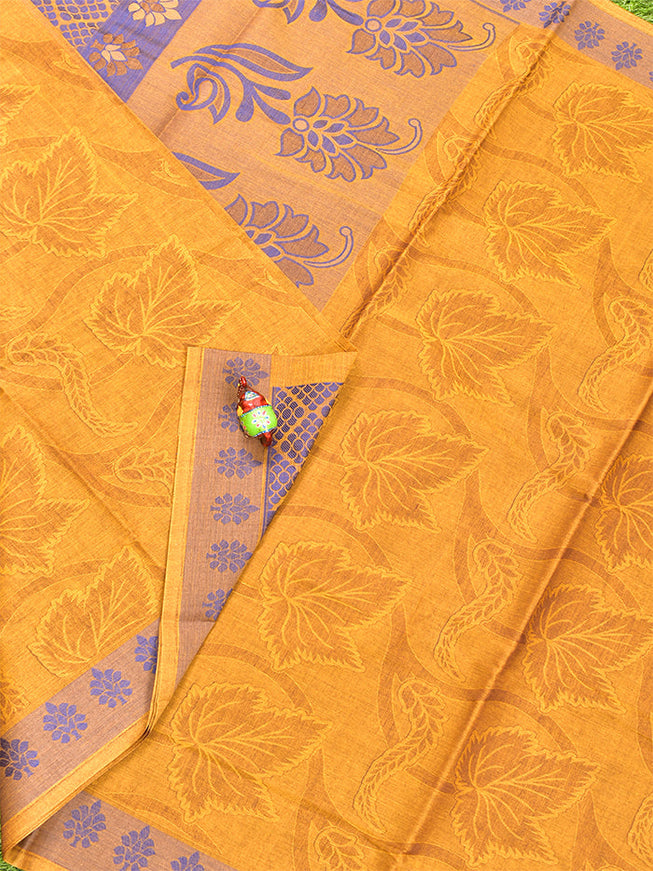 Coimbatore Cotton Mustard Emboss Saree with Thread Woven Border