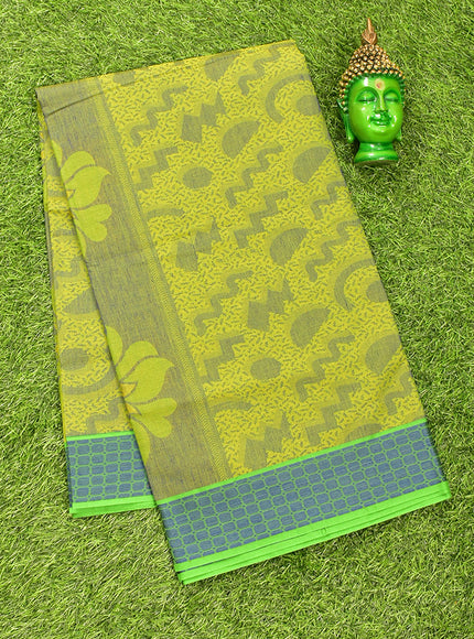 Coimbatore Cotton Lime Green and Blue Shade Allself Saree with Thread Woven Border