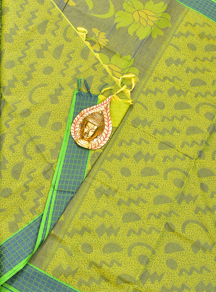 Coimbatore Cotton Lime Green and Blue Shade Allself Saree with Thread Woven Border