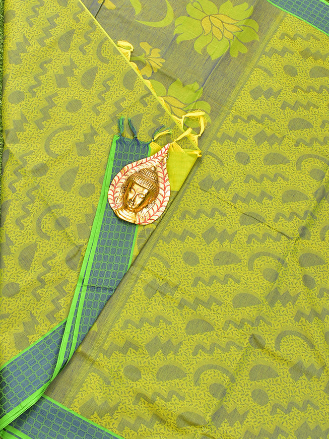 Coimbatore Cotton Lime Green and Blue Shade Allself Saree with Thread Woven Border