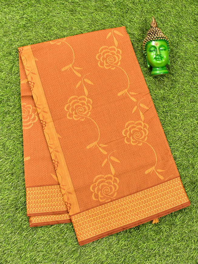 Coimbatore Cotton Brown and Sandal and Green Shade Allself Saree with Thread Woven Border