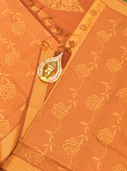 Coimbatore Cotton Brown and Sandal and Green Shade Allself Saree with Thread Woven Border