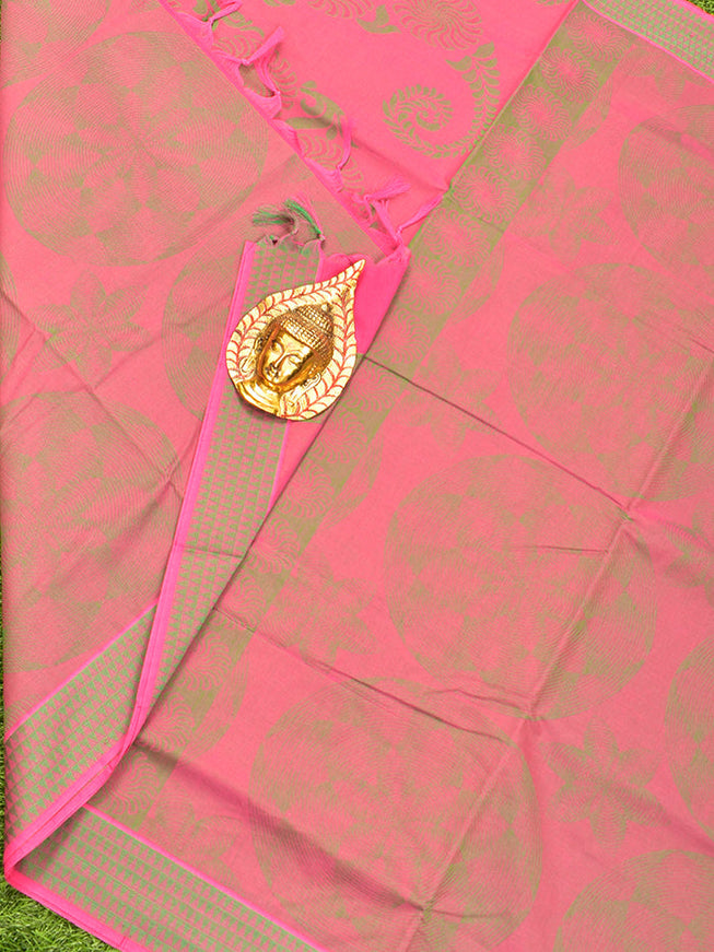 Coimbatore Cotton Pink and Green Shade Allself Saree with Thread Woven Border