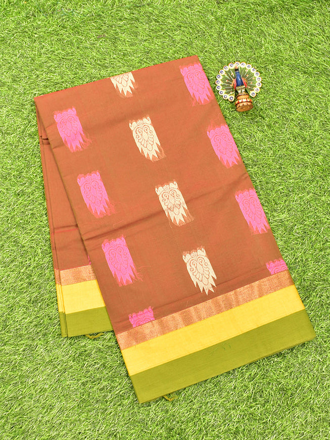 Coimbatore Cotton Brown Butta Saree with Plain Border