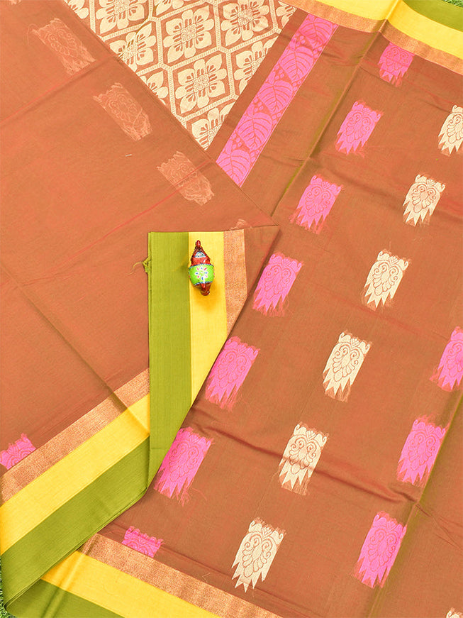 Coimbatore Cotton Brown Butta Saree with Plain Border