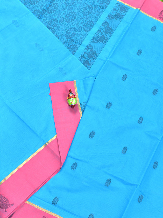 Coimbatore Cotton Blue Butta Saree with Plain Border