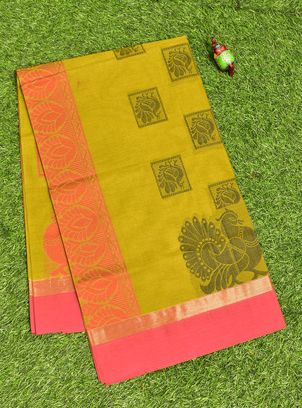 Coimbatore Cotton Olive Butta Saree with Plain Border