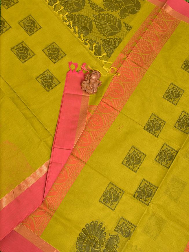 Coimbatore Cotton Olive Butta Saree with Plain Border