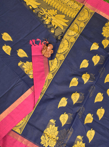 Coimbatore Cotton Dark Blue Butta Saree with Plain Border