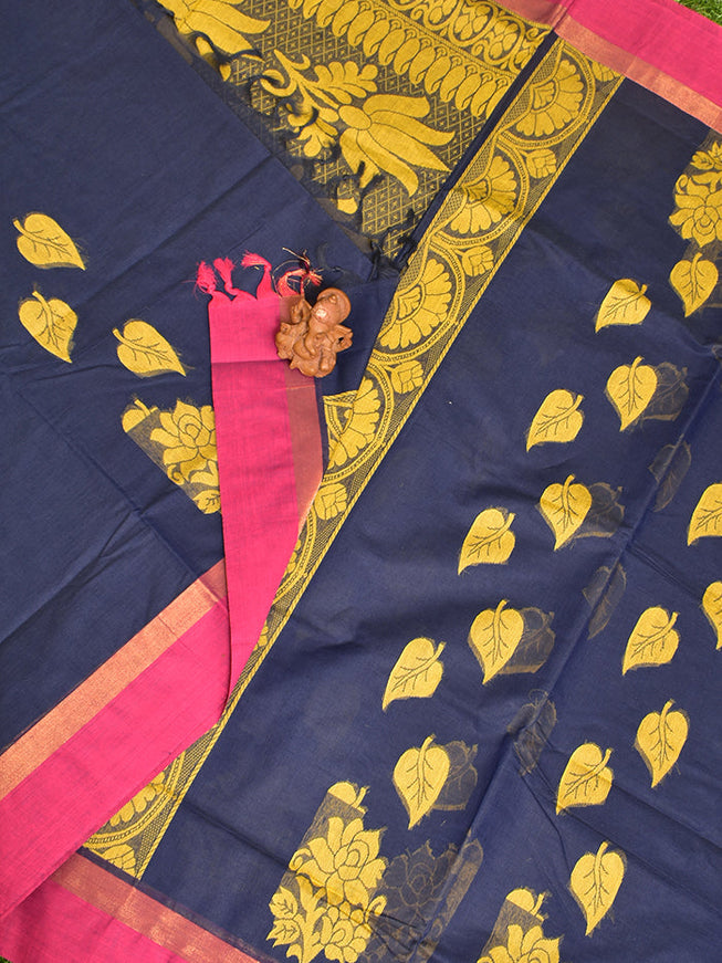 Coimbatore Cotton Dark Blue Butta Saree with Plain Border