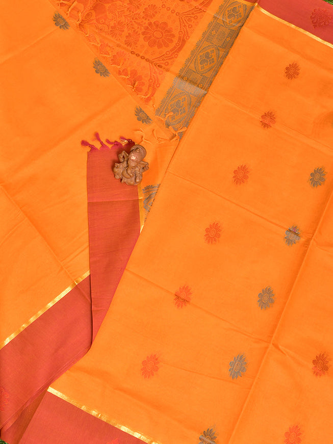 Coimbatore Cotton Orange Butta Saree with Plain Border