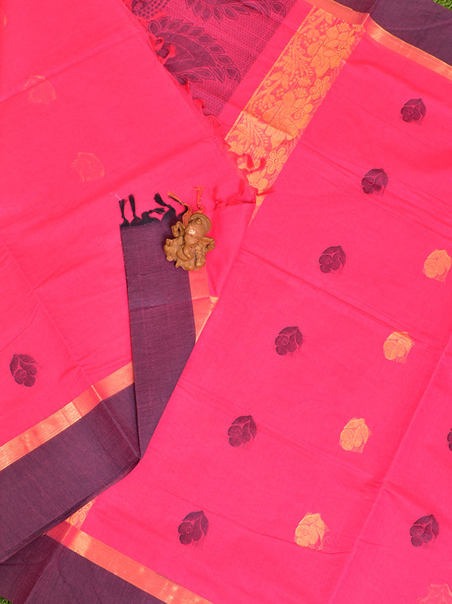 Coimbatore Cotton Dark Pink Butta Saree with Plain Border