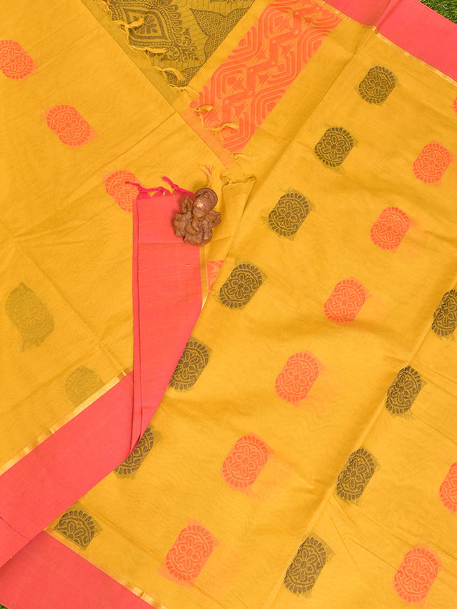 Coimbatore Cotton Yellow Butta Saree with Plain Border