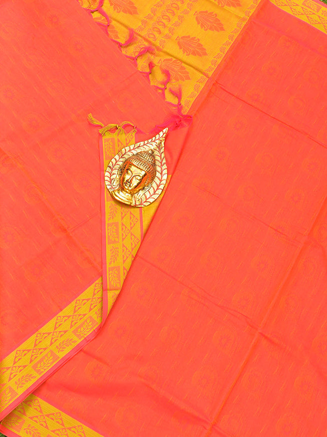 Coimbatore Cotton Dark Orange Emboss Saree with Thread Woven Border