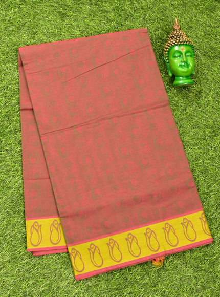 Coimbatore Cotton Brown and Green Shade Emboss Saree with Thread Woven Border