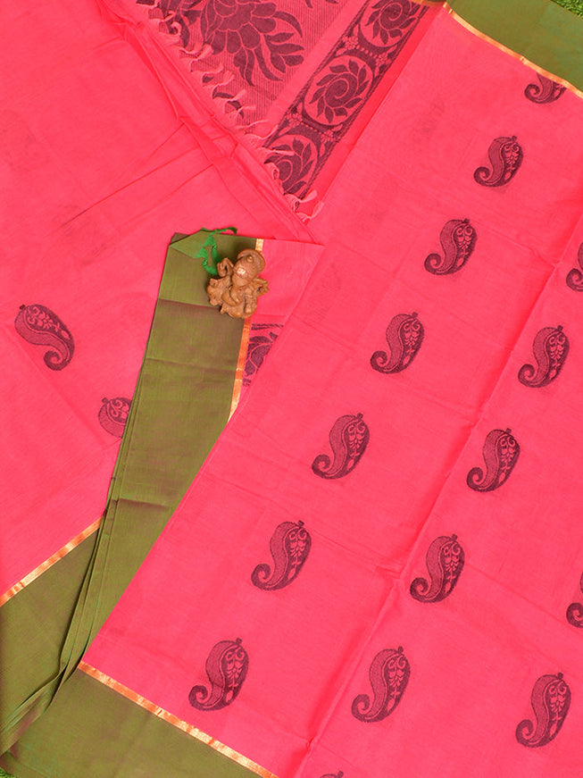 Coimbatore Cotton Dark Pink Butta Saree with Plain Border