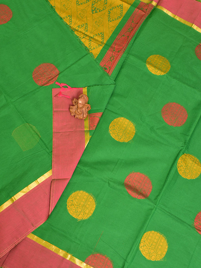 Coimbatore Cotton Green Butta Saree with Plain Border