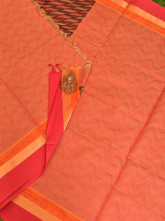 Coimbatore Cotton Orange Fancy Emboss Saree with Thread Woven Border