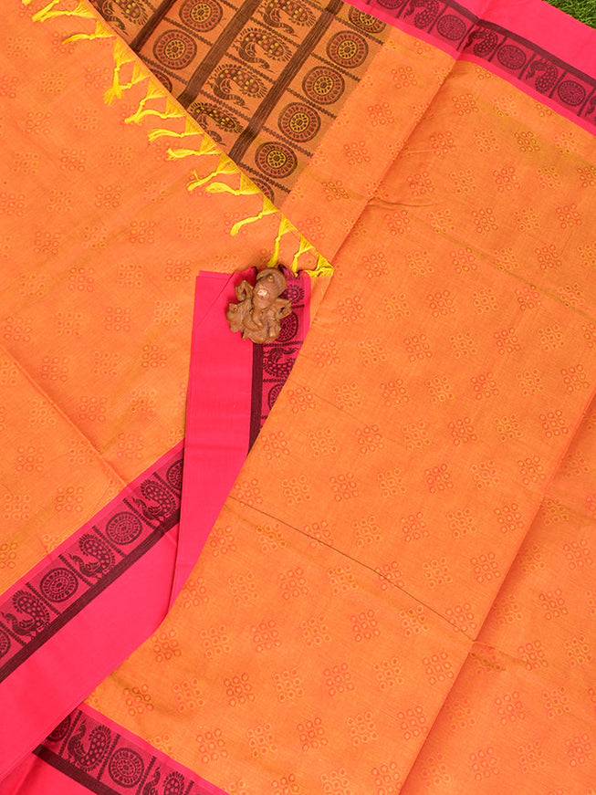 Coimbatore Cotton Orange Fancy Emboss Saree with Thread Woven Border