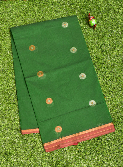 Coimbatore Cotton Dark Green Color Saree with Copper and Silver Zari Woven Buttas