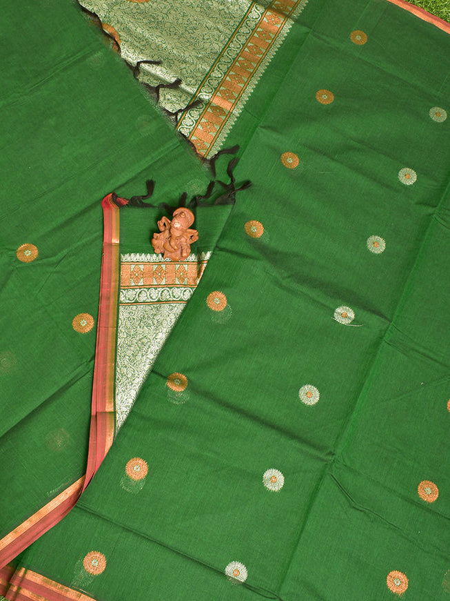 Coimbatore Cotton Dark Green Color Saree with Copper and Silver Zari Woven Buttas