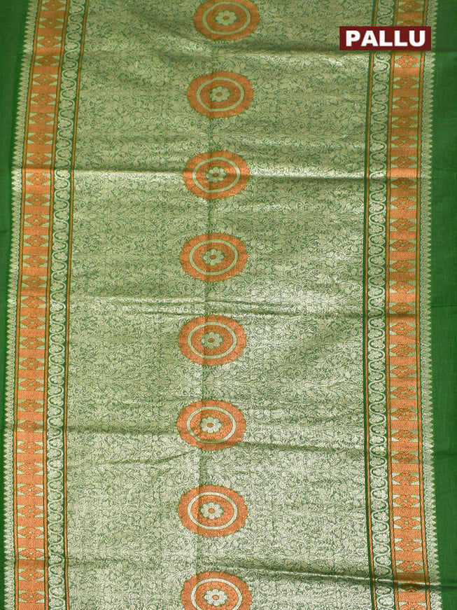 Coimbatore Cotton Dark Green Color Saree with Copper and Silver Zari Woven Buttas