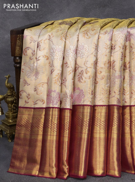 Pure kanjivaram tissue silk saree gold and dark magenta pink with allover zari woven brocade weaves and zari woven border