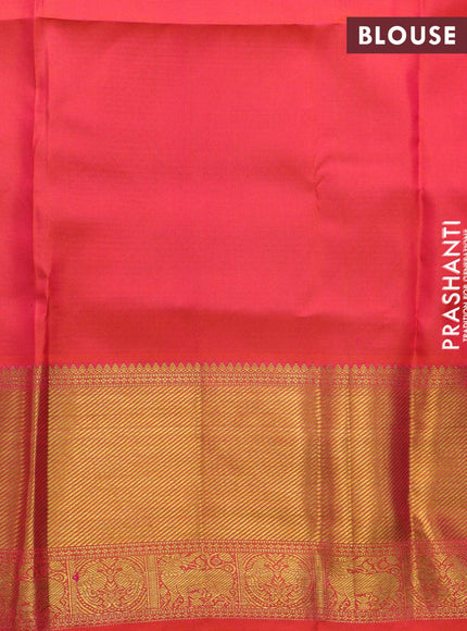 Pure kanjivaram silk saree dark blue and dual shade of pinkish orange with allover self emboss & zari buttas and rich zari woven border