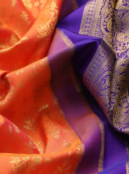 Pure kanjivaram silk saree orange and blue with allover zari weaves and rich annam zari woven border