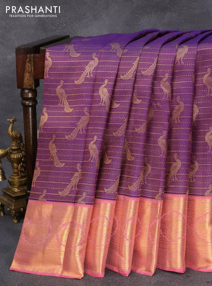 Pure kanjivaram silk saree deep violet and light pink with allover zari weaves and zari woven border