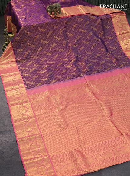 Pure kanjivaram silk saree deep violet and light pink with allover zari weaves and zari woven border