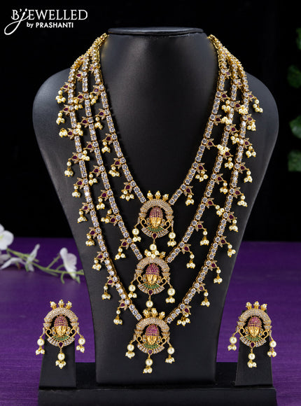 Antique triple layer haaram kemp & cz stones with tirupati balaji pendant and pearl hangings