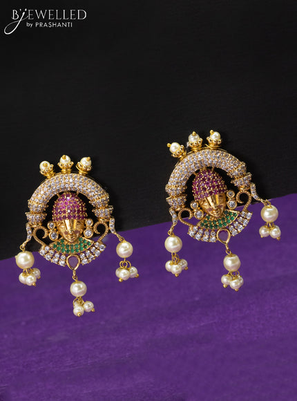 Antique triple layer haaram kemp & cz stones with tirupati balaji pendant and pearl hangings