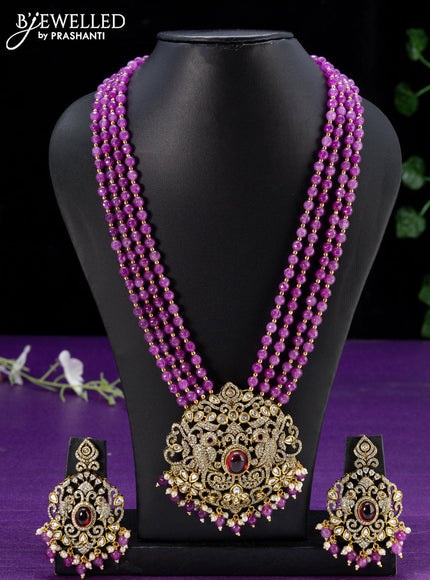 Beaded purple multicolour necklace with ruby & cz stones and beads hangings