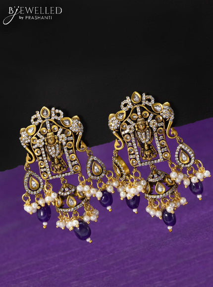 Beaded violet multicolour necklace cz stones with tirupati balaji pendant and beads hanging in victorian finish