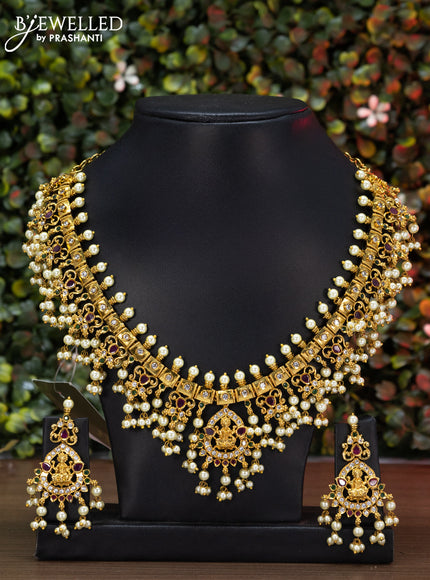 Antique guttapusalu necklace lakshmi design with kemp & cz stones and pearl hangings