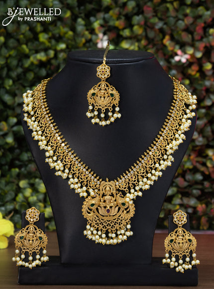 Antique guttapusalu necklace lakshmi design kemp & cz stones with pearl hangings and maang tikka