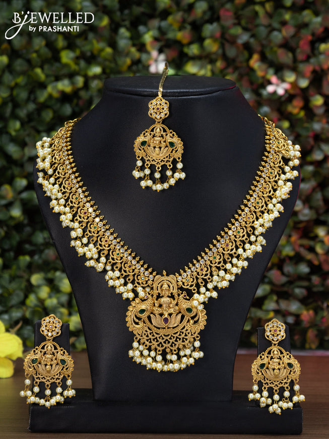 Antique guttapusalu necklace lakshmi design kemp & cz stones with pearl hangings and maang tikka