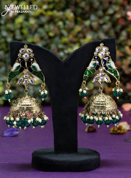 Fashion dangler green minakari jhumka with kundan stones and beads hangings