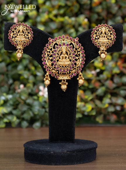 Antique pendant set lakshmi design with pink kemp & cz stone and golden beads hangings