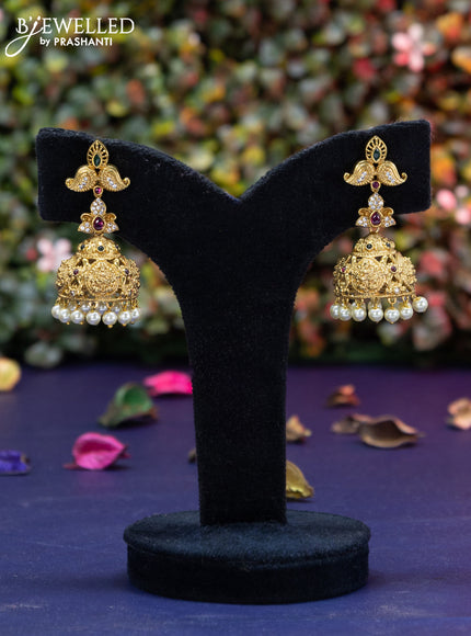 Antique jhumka lakshmi design with kemp & cz stones and pearl hangings