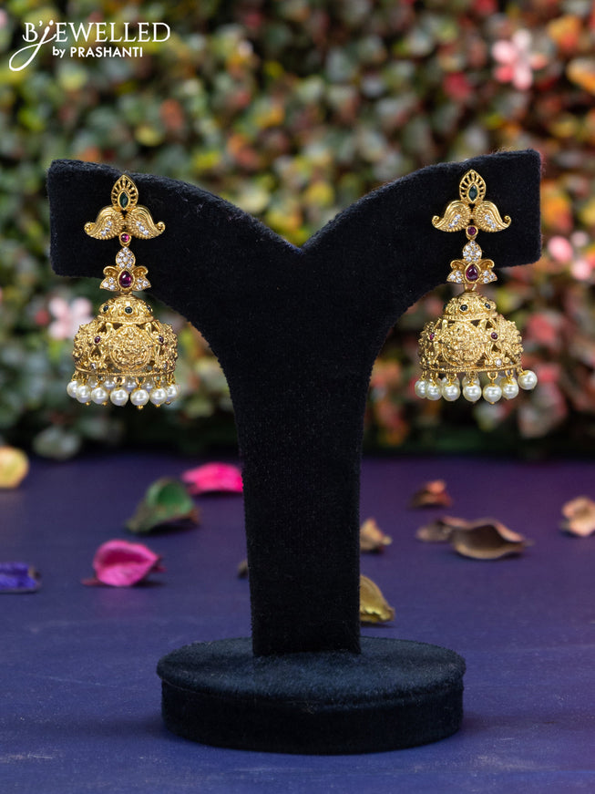 Antique jhumka lakshmi design with kemp & cz stones and pearl hangings