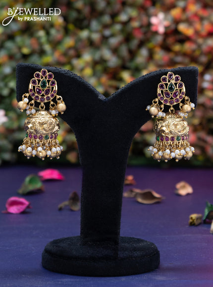 Antique jhumka peacock design with kemp & cz stones and golden beads hangings