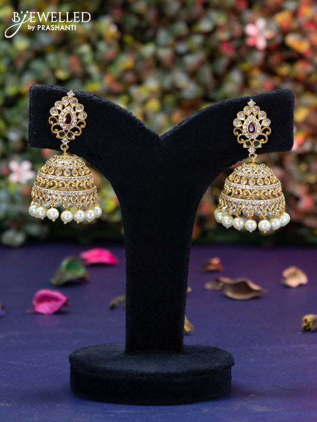 Antique jhumka with kemp & cz stones and pearl hangings