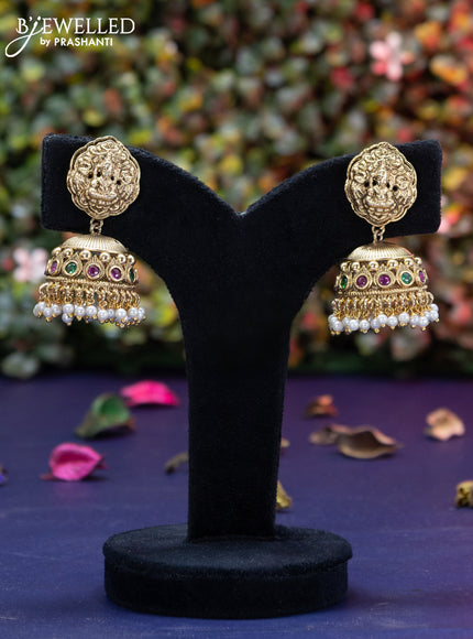 Antique jhumka lakshmi design with kemp & cz stones and pearl hangings