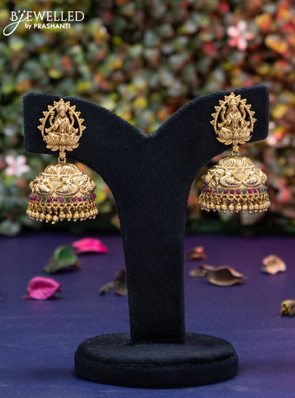 Antique jhumka lakshmi design with kemp stones and golden beads hangings