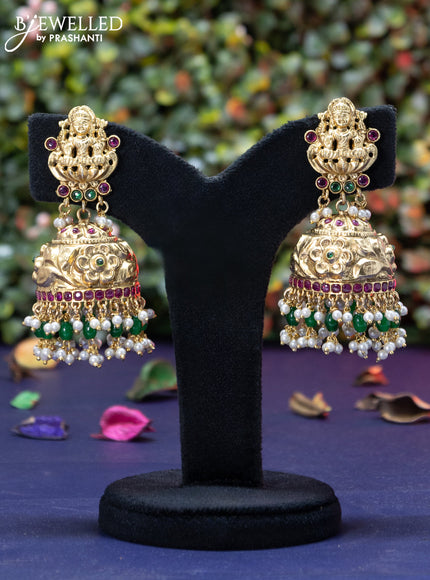 Antique jhumka lakshmi design with kemp & cz stones and pearl hangings