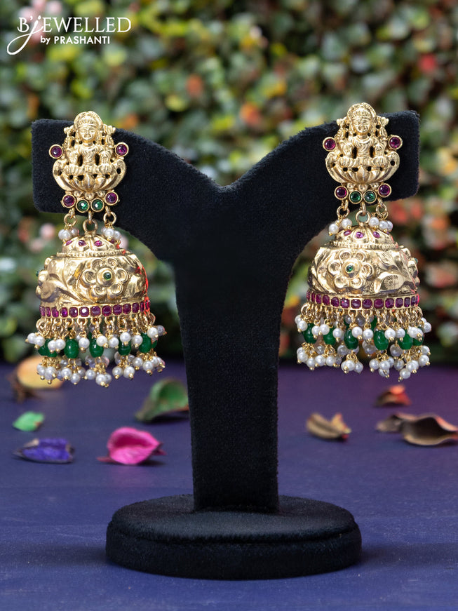 Antique jhumka lakshmi design with kemp & cz stones and pearl hangings