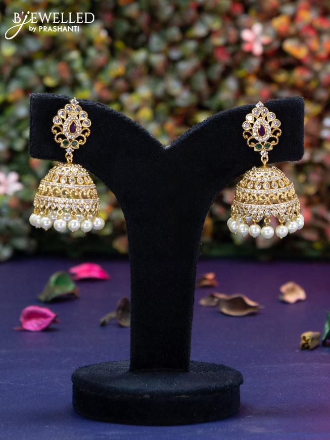 Antique jhumka with kemp & cz stones and pearl hangings