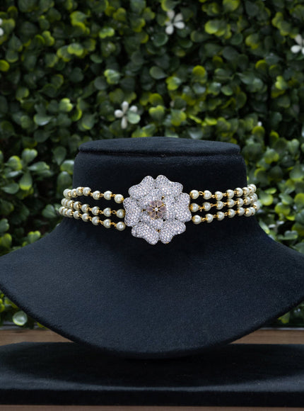 Pearl choker floral design with baby pink and cz stones